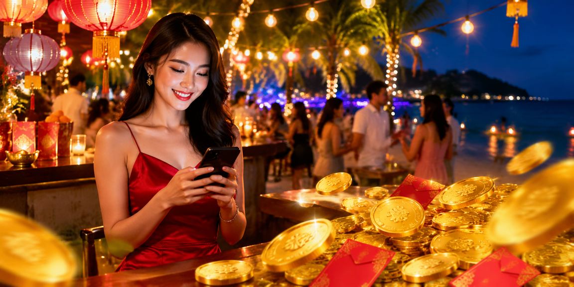 Phong bì đỏ và đèn lồng trang trí mùa lễ hội tại Phú Quốc gợi lên không khí nhận thưởng đặc biệt